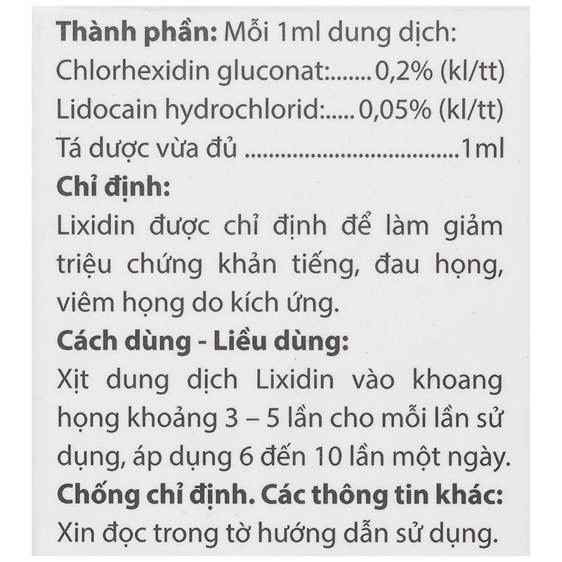 Thuốc xịt họng Lixidin 0.2/0.5 làm giảm triệu chứng viêm họng, khản tiếng và đau họng chai 30ml - 11